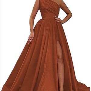 Rust formal dress one strap with split in front.